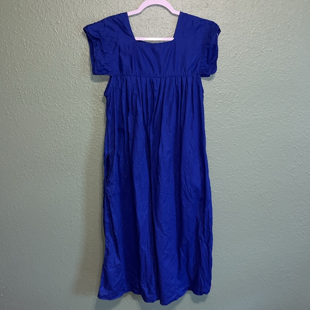 Vintage Blue Floral Embroidered Dress Mumu Hawaiian Tropical Flowers Hibiscus - Picture 6 of 8